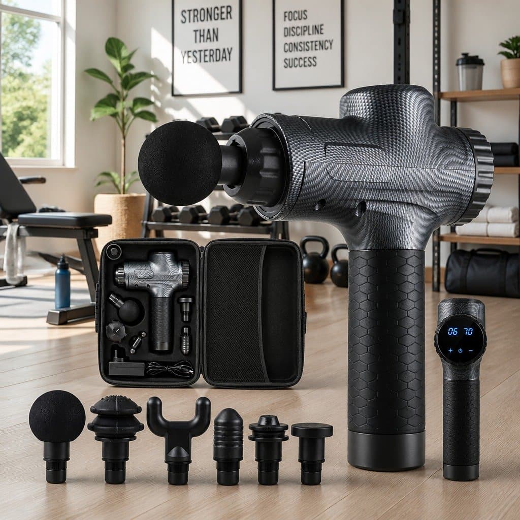 Grey Massage Gun with 30 Speeds and 6 Heads