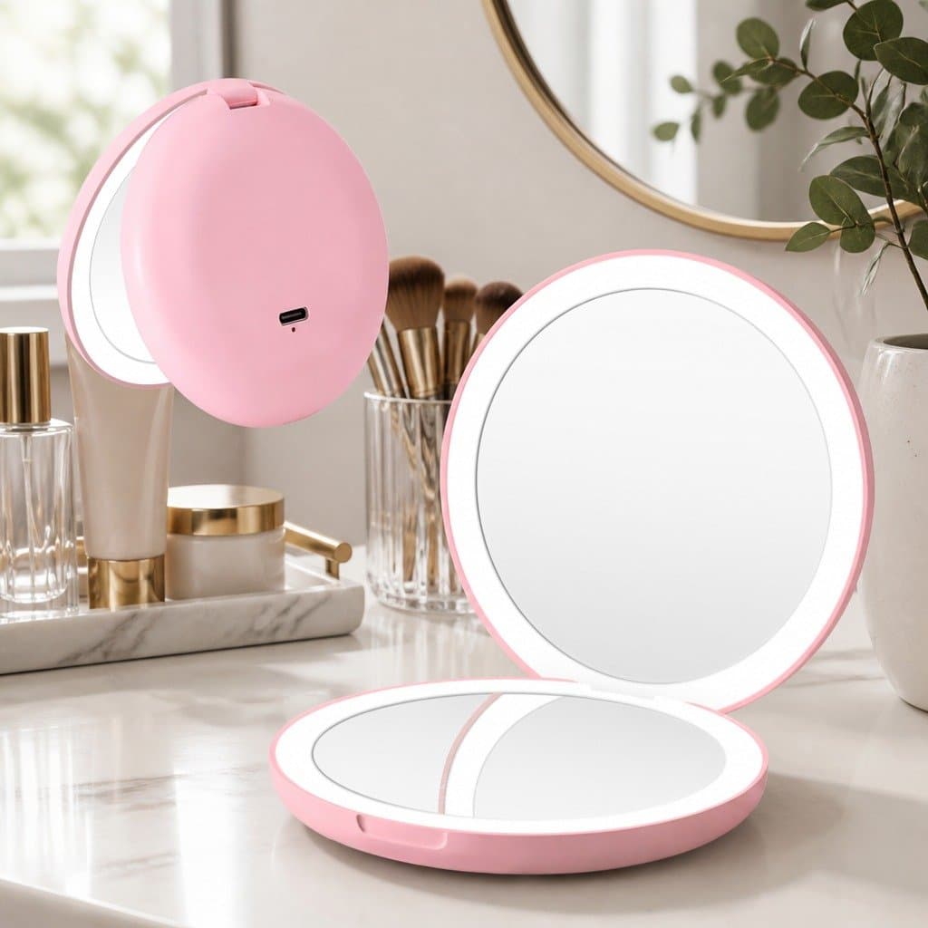 Lighted Travel Makeup Mirror with Dual Magnification in Pink