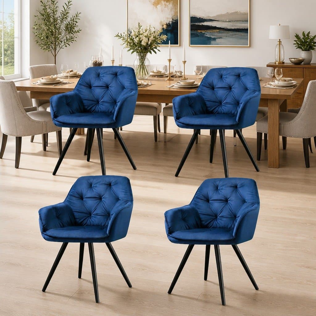 Navy Blue Velvet Armchairs Set of 4 with Steel Legs
