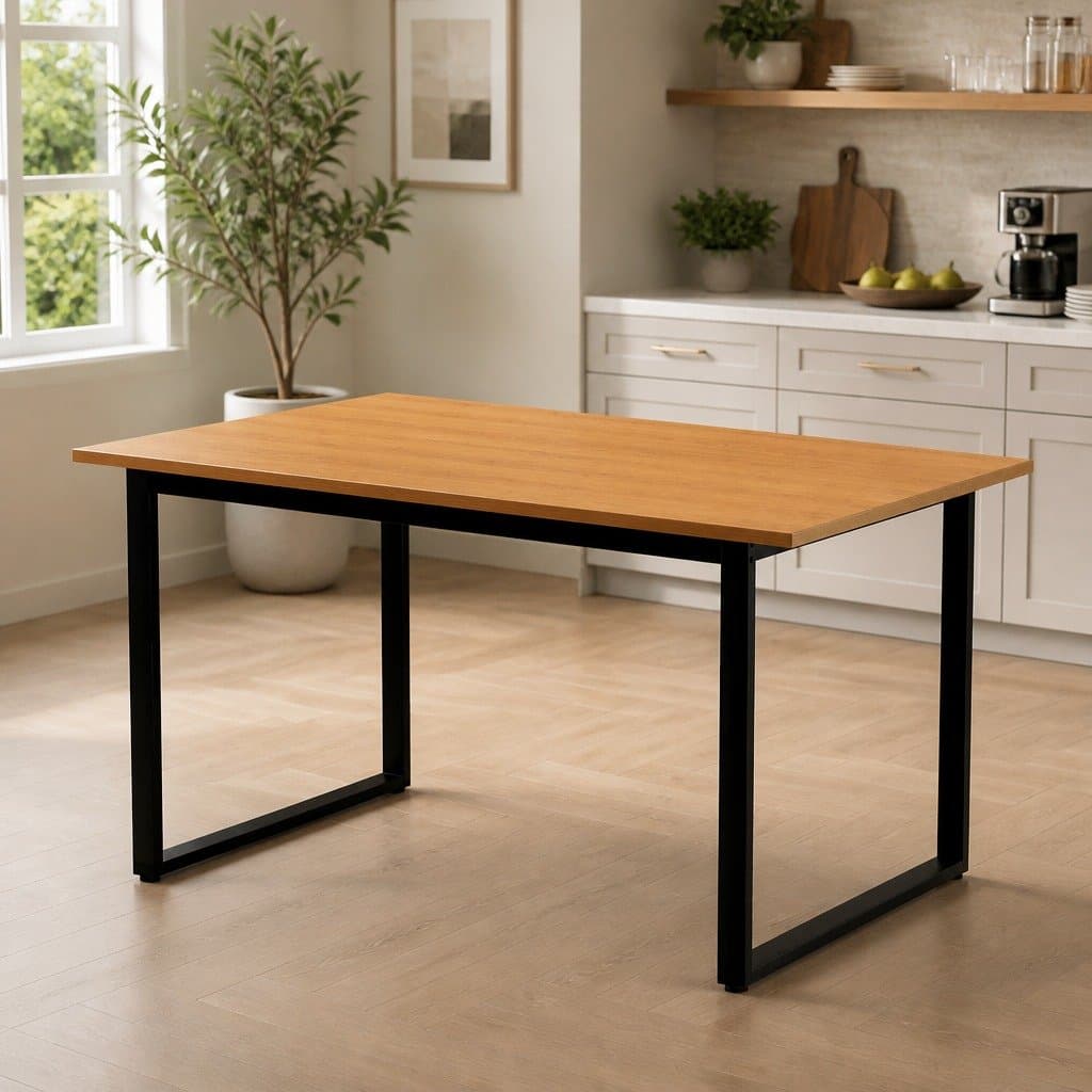 Rectangular Pine and Black Dining Table for 6