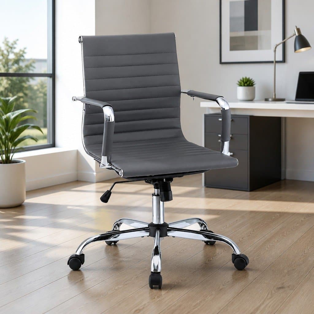 Grey PU Leather Mid Back Conference Chair 360° Rotation
