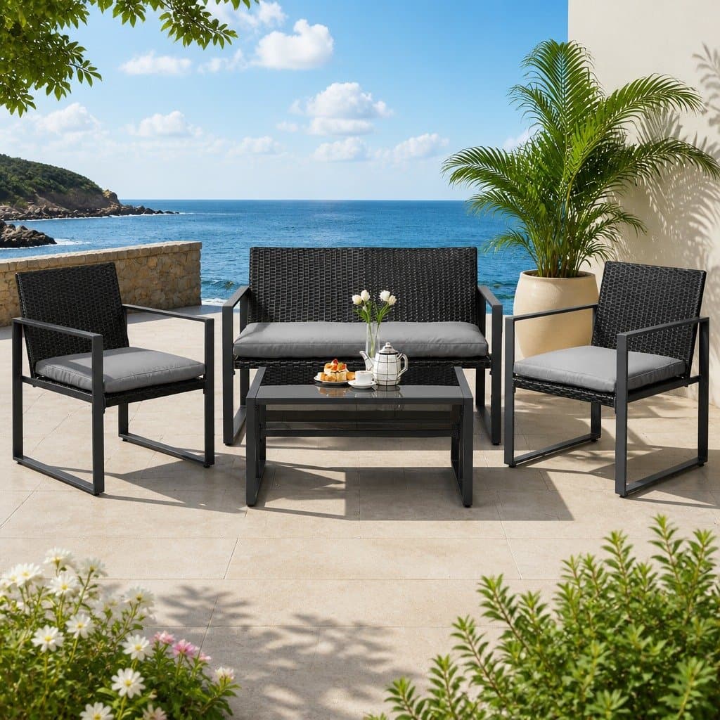 4-Piece Rattan Sofa Set with Storage Cover