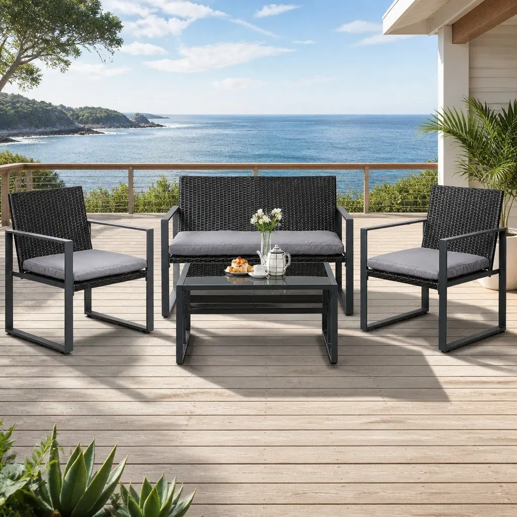 4 Piece Outdoor Sofa Set with Glass Table
