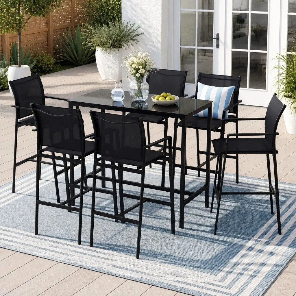 7-Piece Black Steel Outdoor Bar Stools Dining Set
