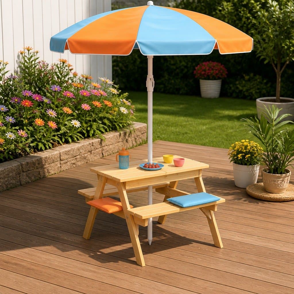 Kids Picnic Table and Bench Set with Umbrella