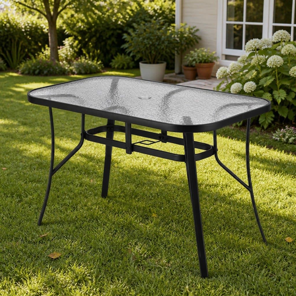 120cm Outdoor Dining Table with Steel Frame and Glass Top