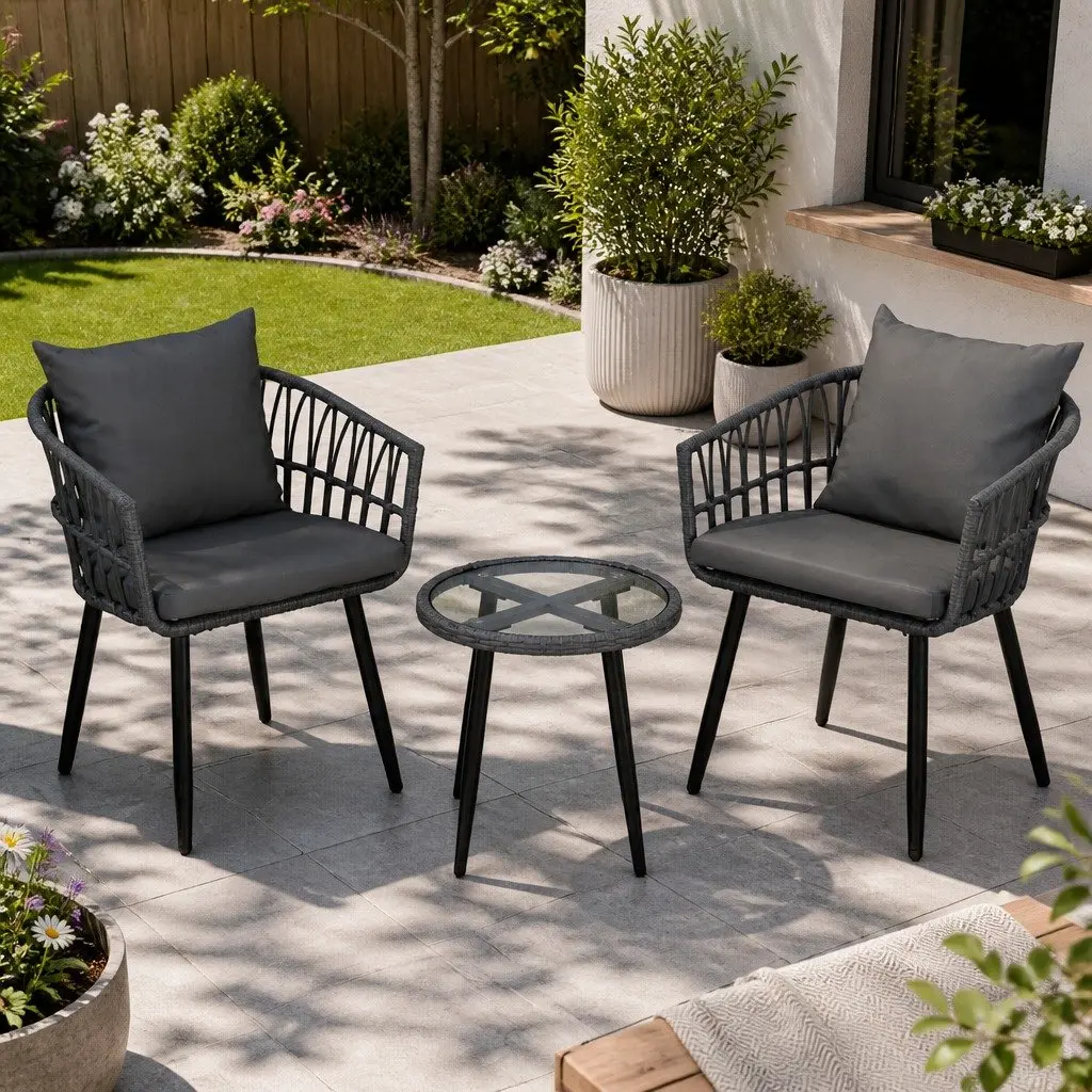 3PC Grey Outdoor Lounge Set with Chairs and Table