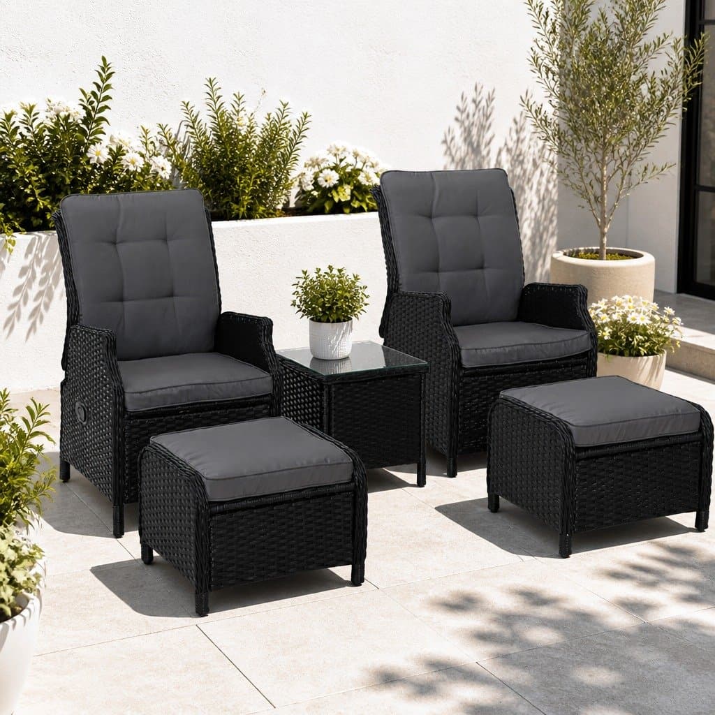 5-Piece Wicker Recliner Outdoor Furniture Set with Table