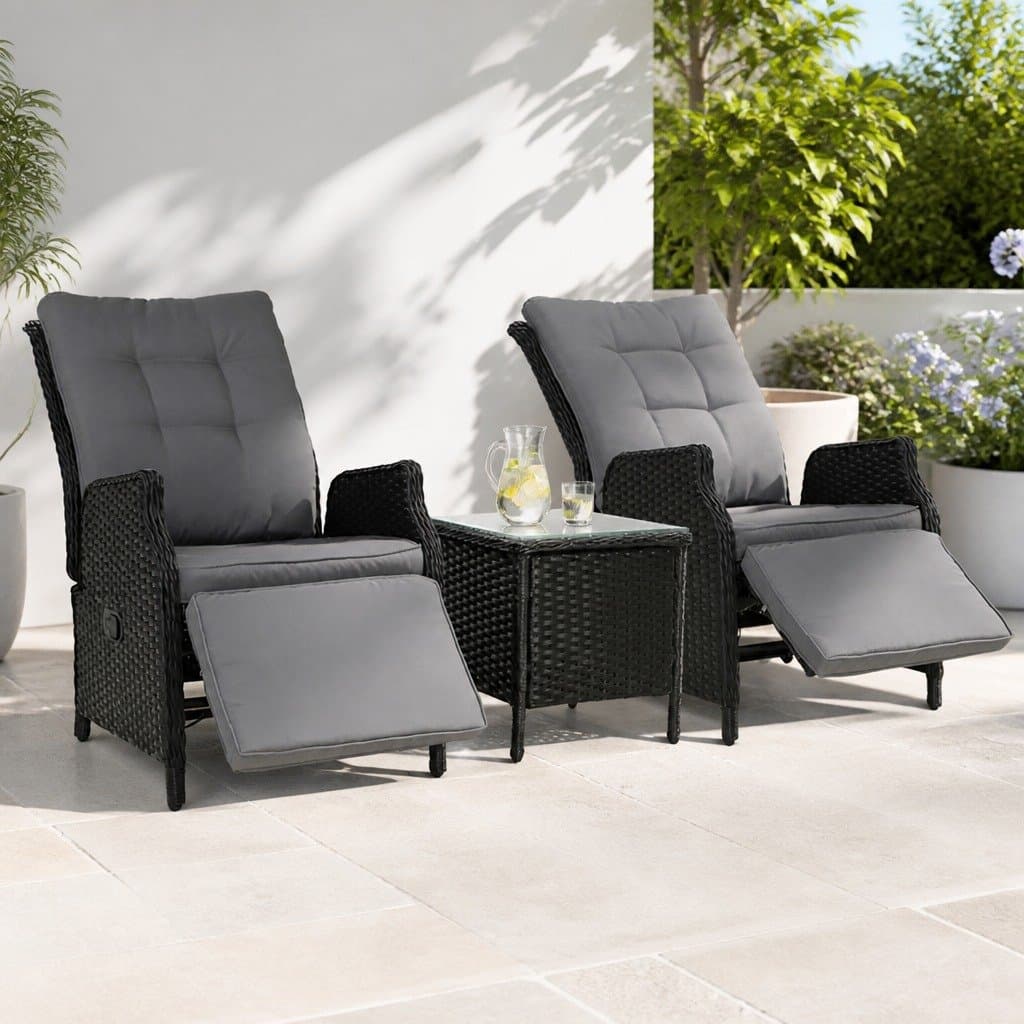 3-Piece Wicker Outdoor Recliner Set with Side Table