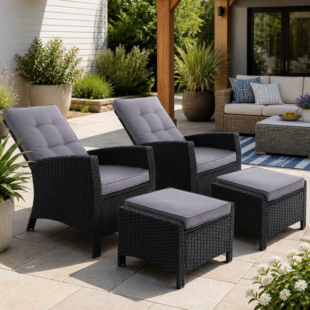 Adjustable Recliner Chair Outdoor Wicker Set Black