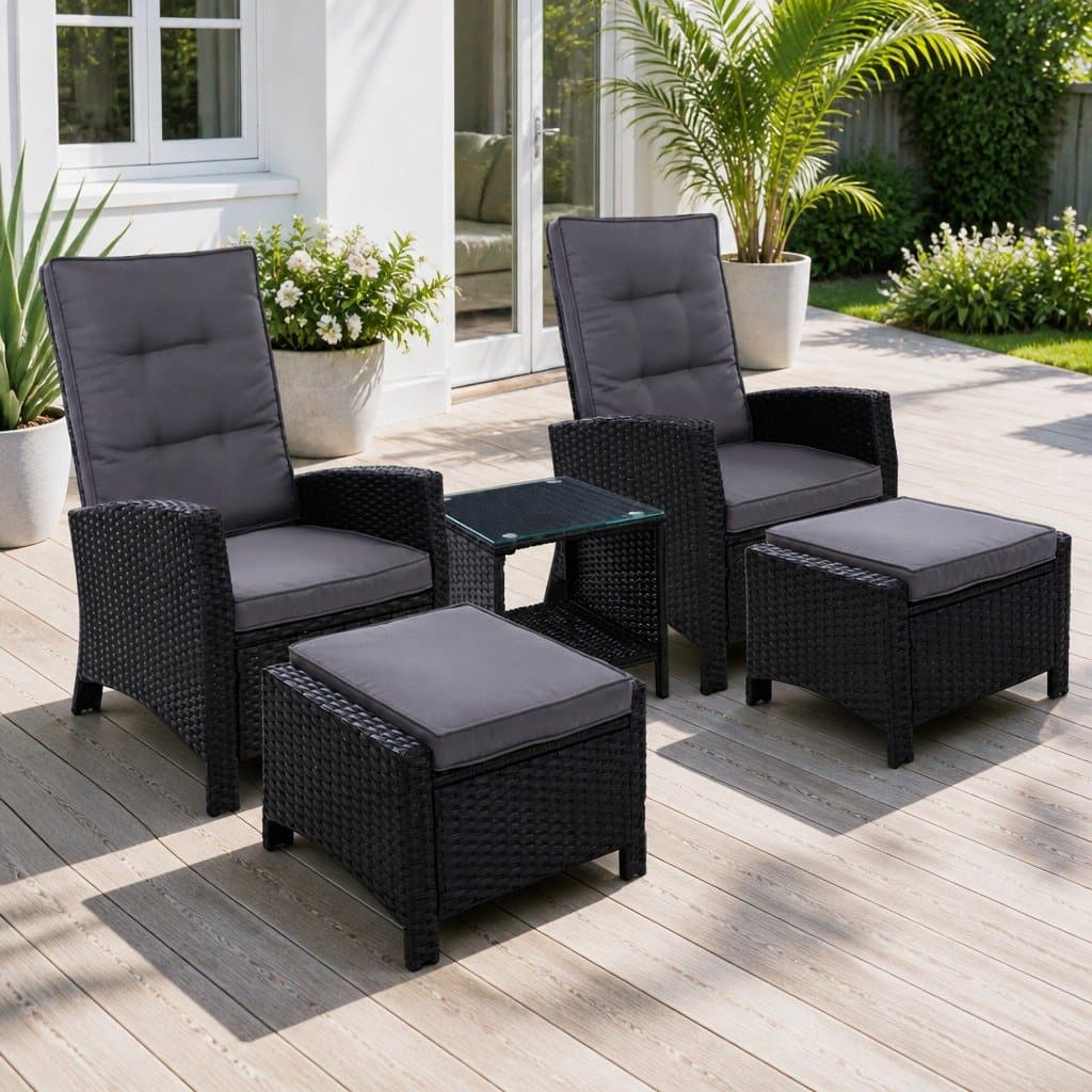 5PC Black Wicker Outdoor Recliner Lounge Set with Ottoman