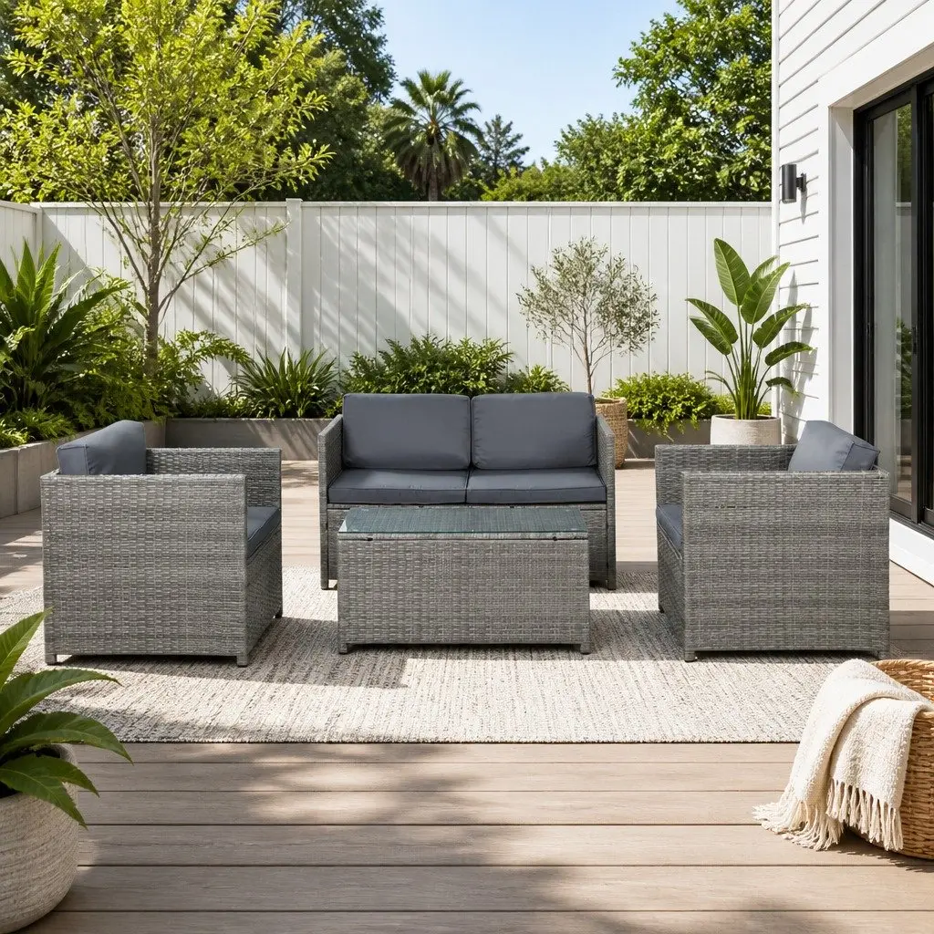 4-Piece Wicker Sofa Set with Table in Grey