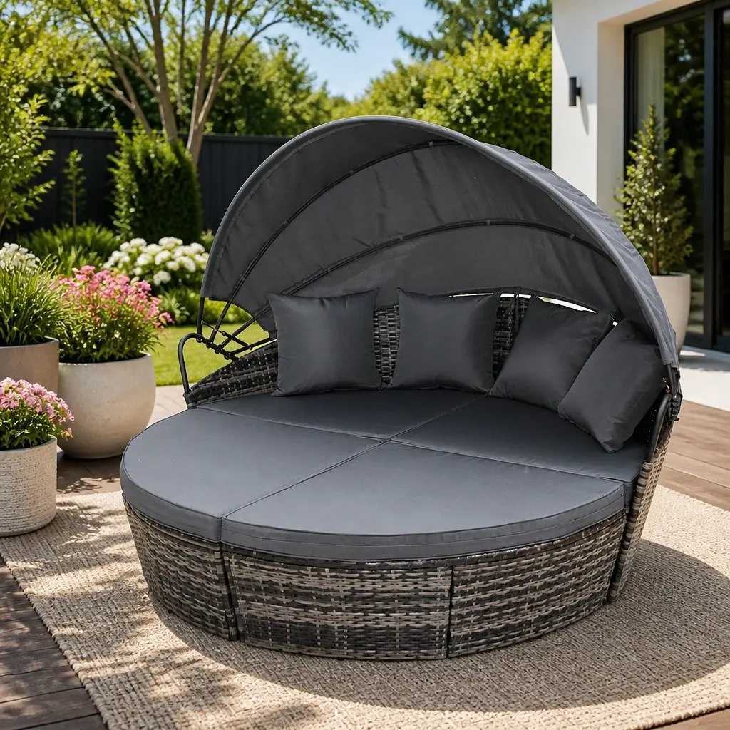 Grey Outdoor Day Bed Sun Lounge with Folding Canopy