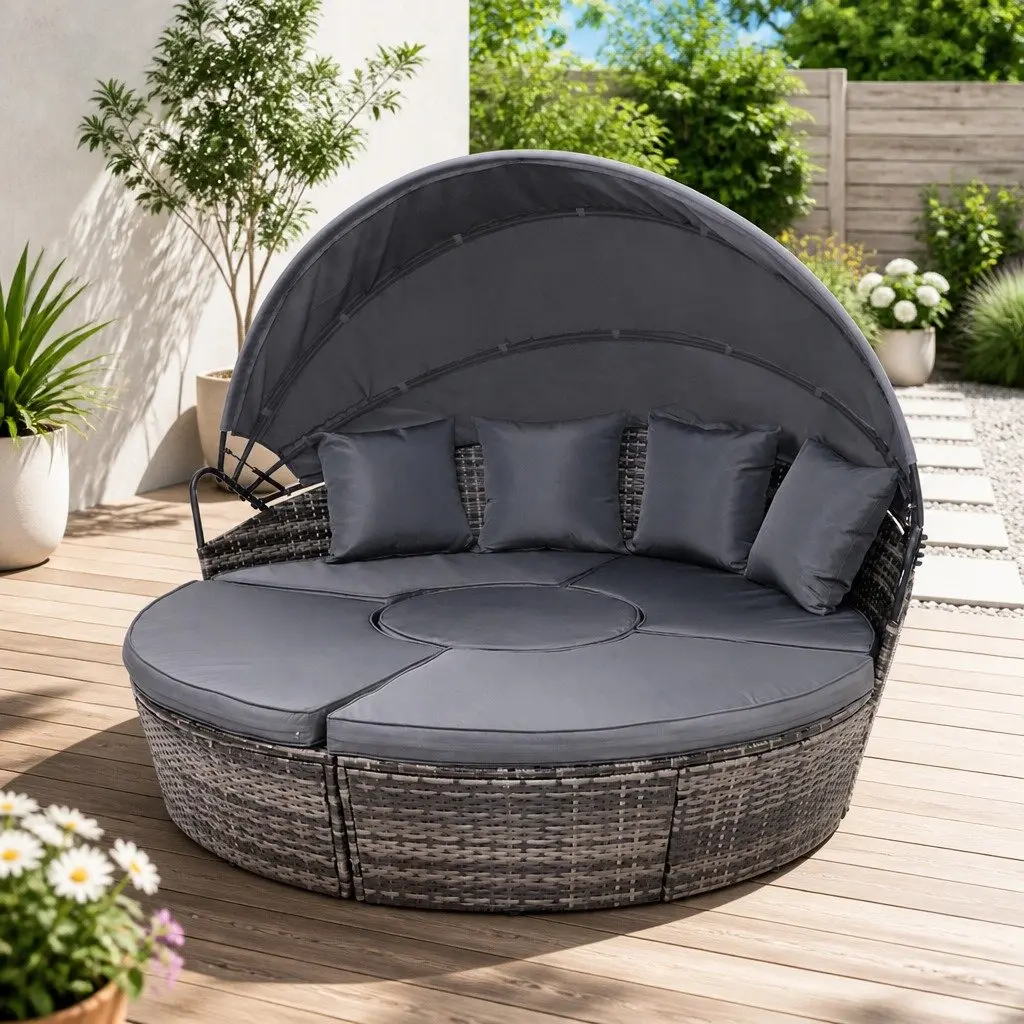 Grey Wicker Outdoor Day Bed Lounge with Canopy