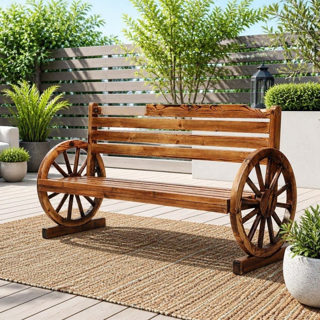 3-Seater Outdoor Wooden Garden Bench with Wagon Wheels