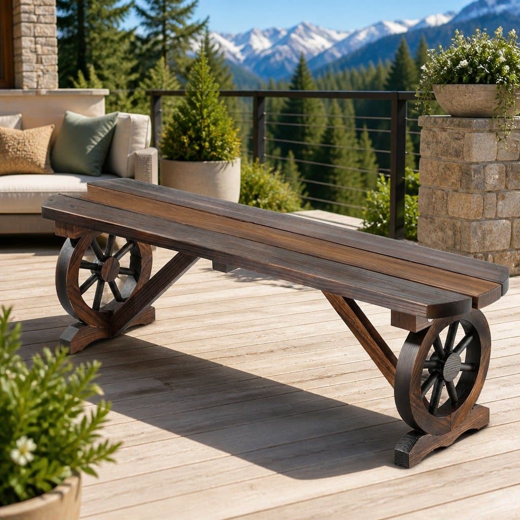 Rustic Wagon Wheel Outdoor Garden Bench for Two