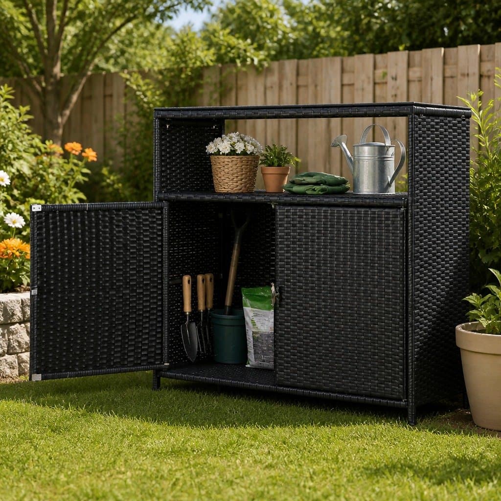 Black Wicker Outdoor Storage Cabinet for Tools