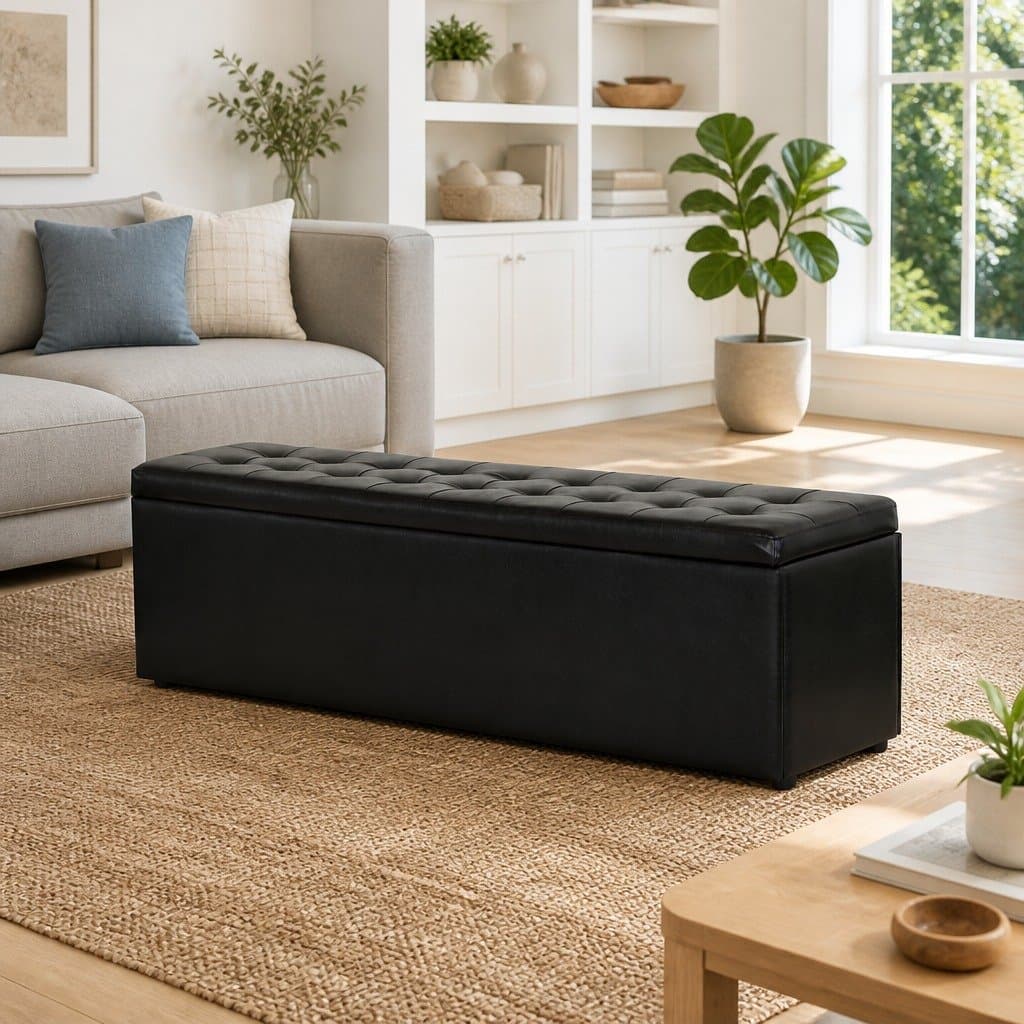 Black Faux Leather Storage Ottoman 140cm with Lift-Up Lid