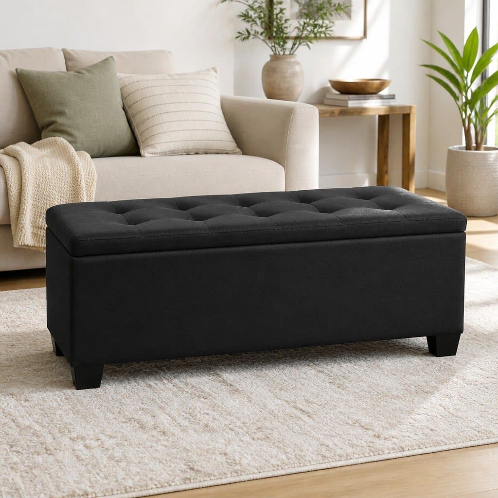 Black Linen Storage Ottoman with Lift-Up Lid 97cm