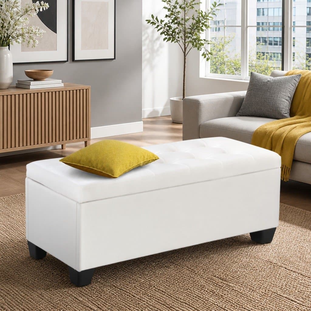 Storage Ottoman with Lift-Up Lid in White