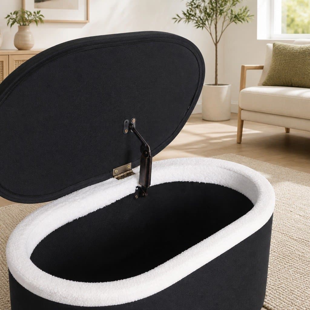 87cm Oval Boucle Storage Ottoman with Hinged Lid