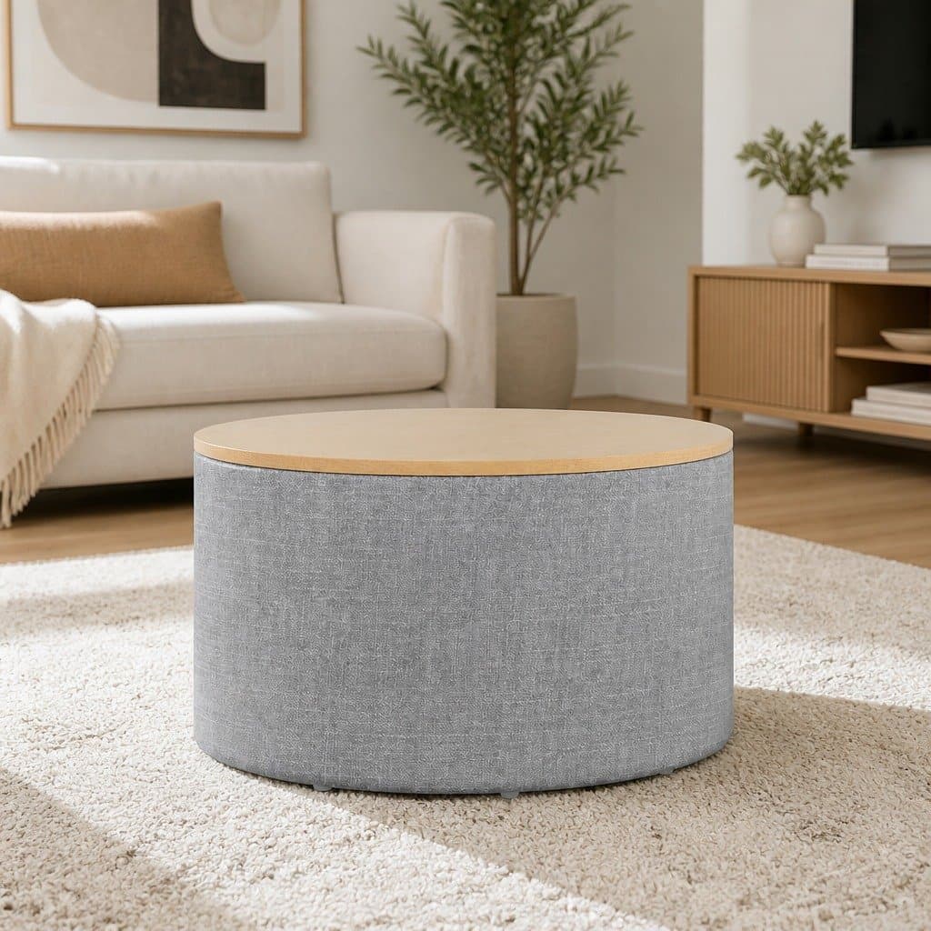 60cm Round Grey Storage Ottoman with Faux Linen Upholstery