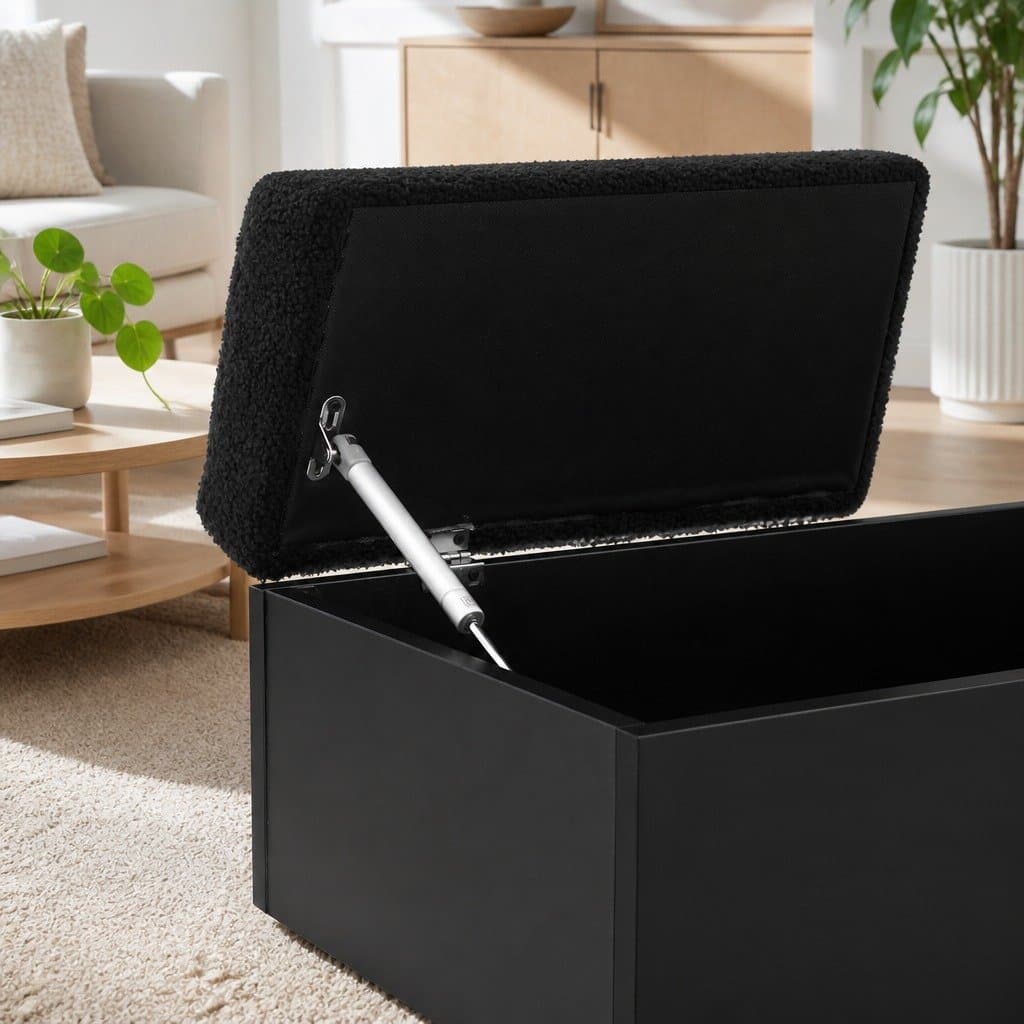 Black Boucle Storage Ottoman with Shelf 110cm