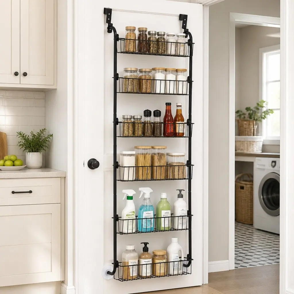Over Door Storage Organiser 6-Tier Metal Hook Hanger Pantry Wall Rack Black