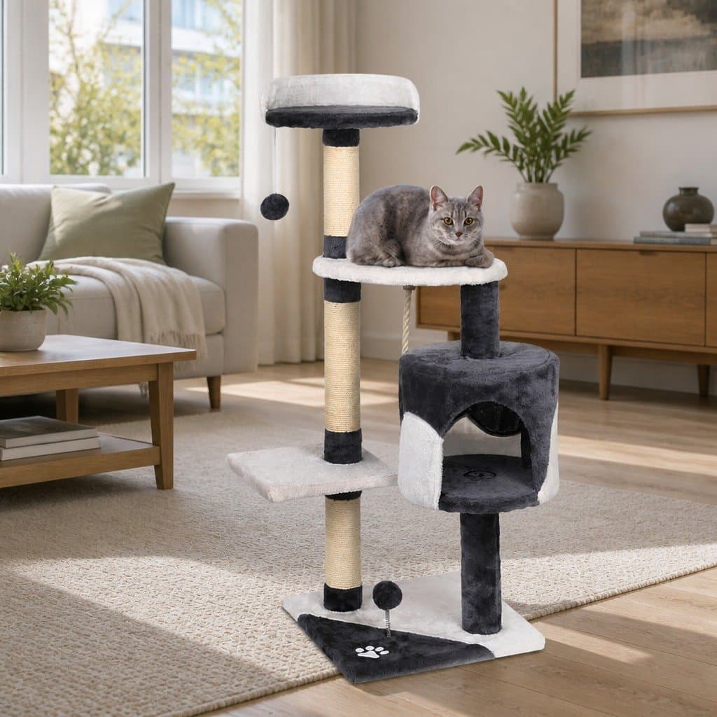 Multi-Level Cat Tree 112cm High with Grey Plush Finish