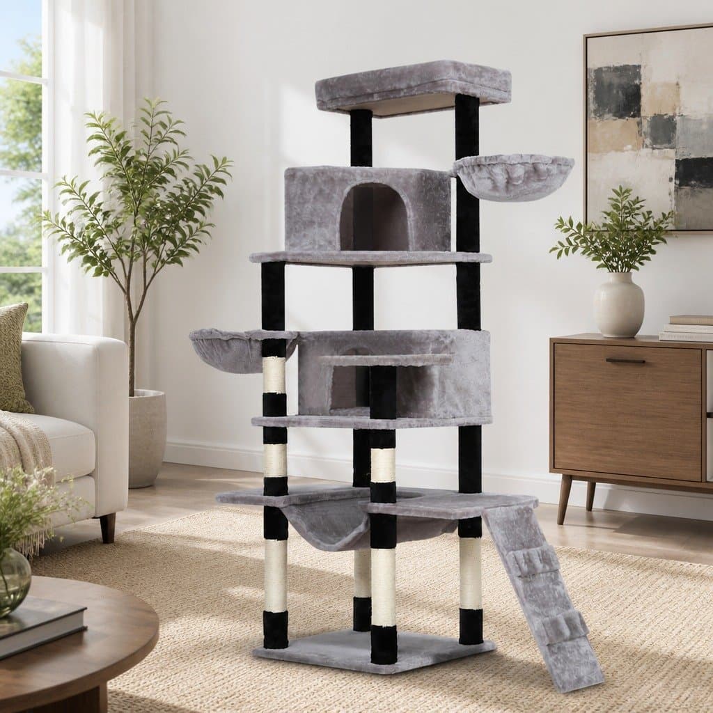 Multi-Level Grey Cat Tree with Scratching Post 161cm