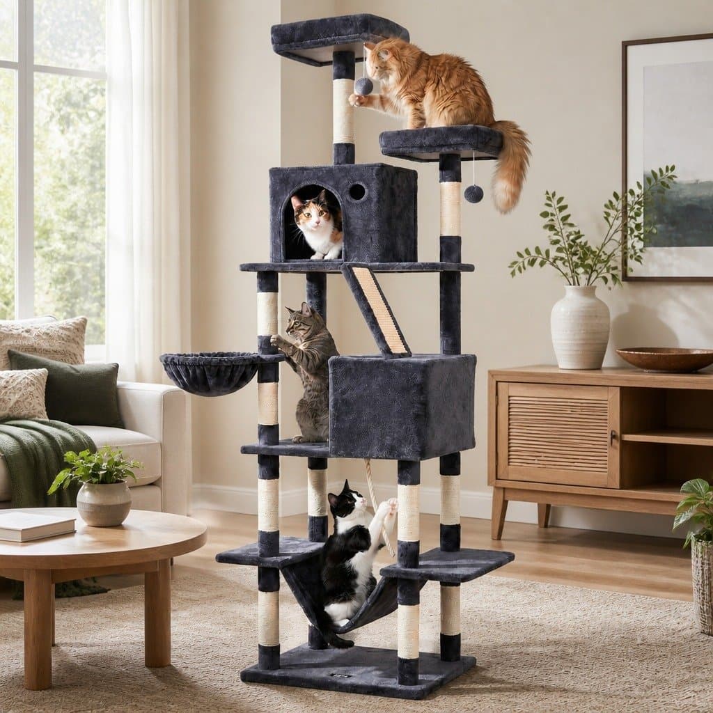 Large Multi-Level Cat Tree Tower 206cm in Plush Grey
