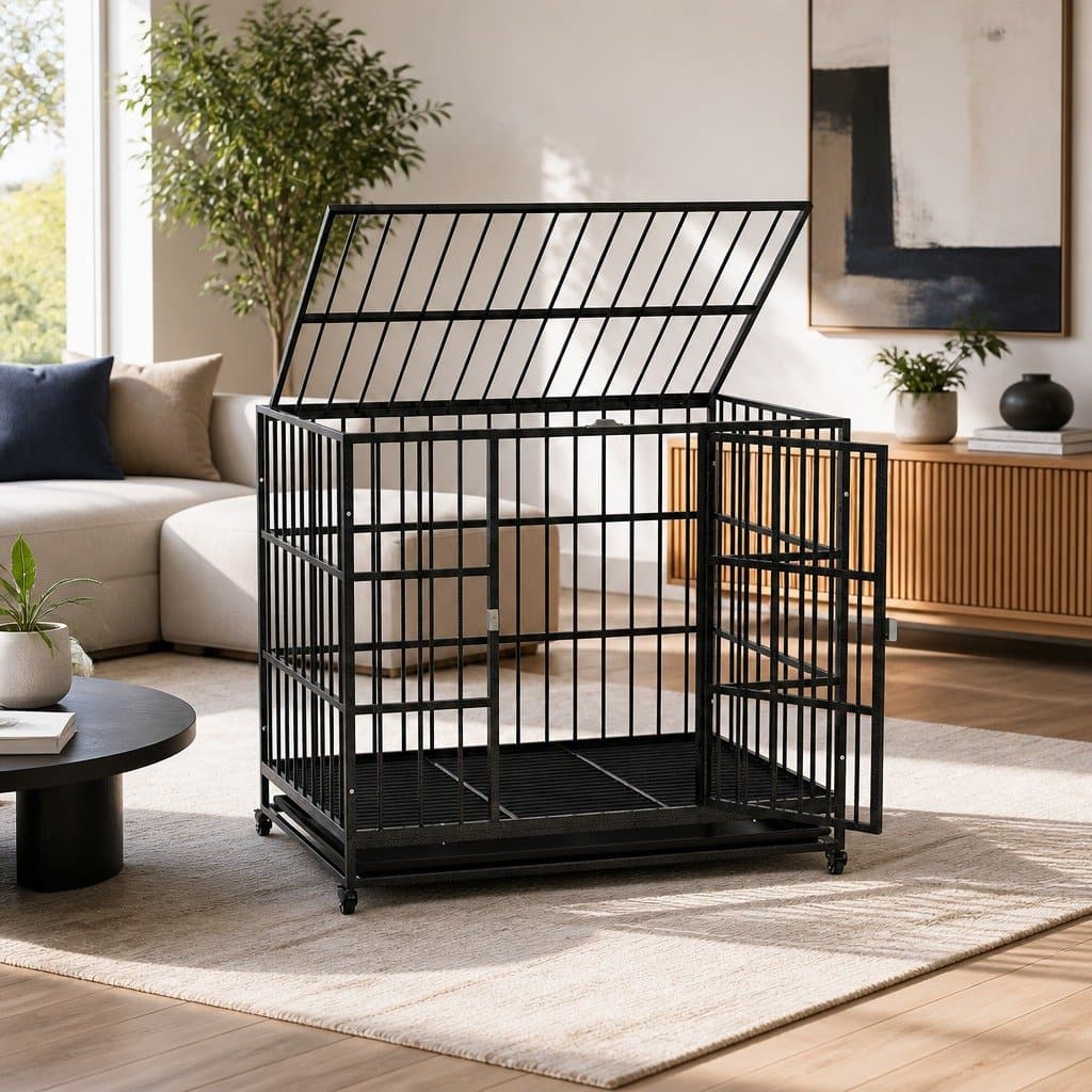Dog Cage Crate Large Pet Kennel Lockable Wheels Removable Tray Metal Black