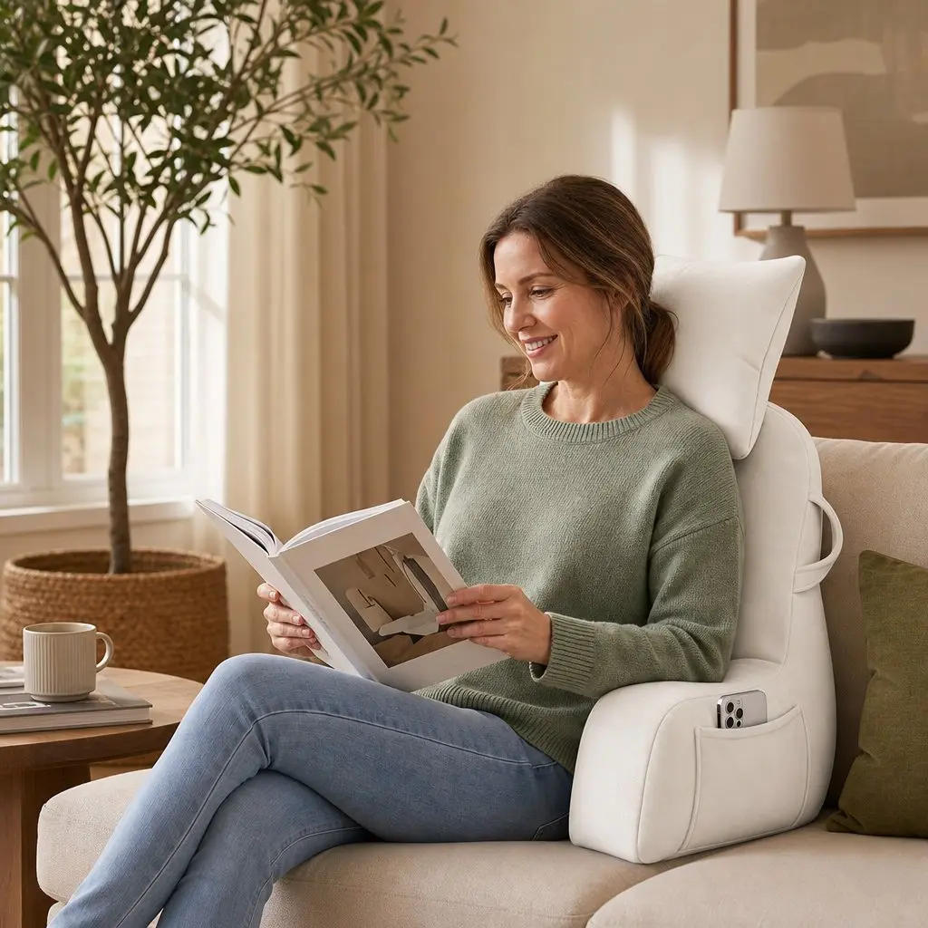 Reading Pillow with Neck Roll and Armrests in Beige