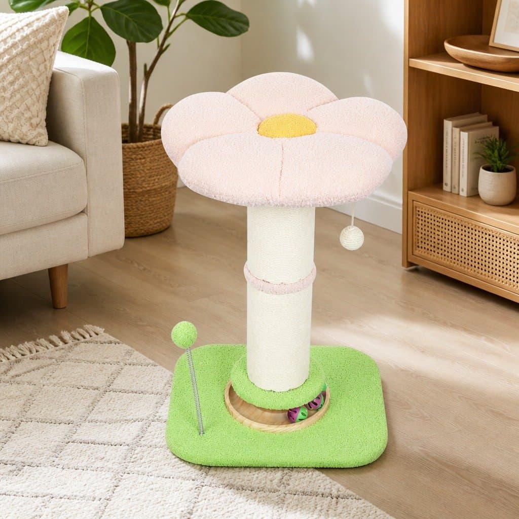 Cat Scratching Post Flower Tower 61.5cm Indoor Feline Tree Plush Platform Play