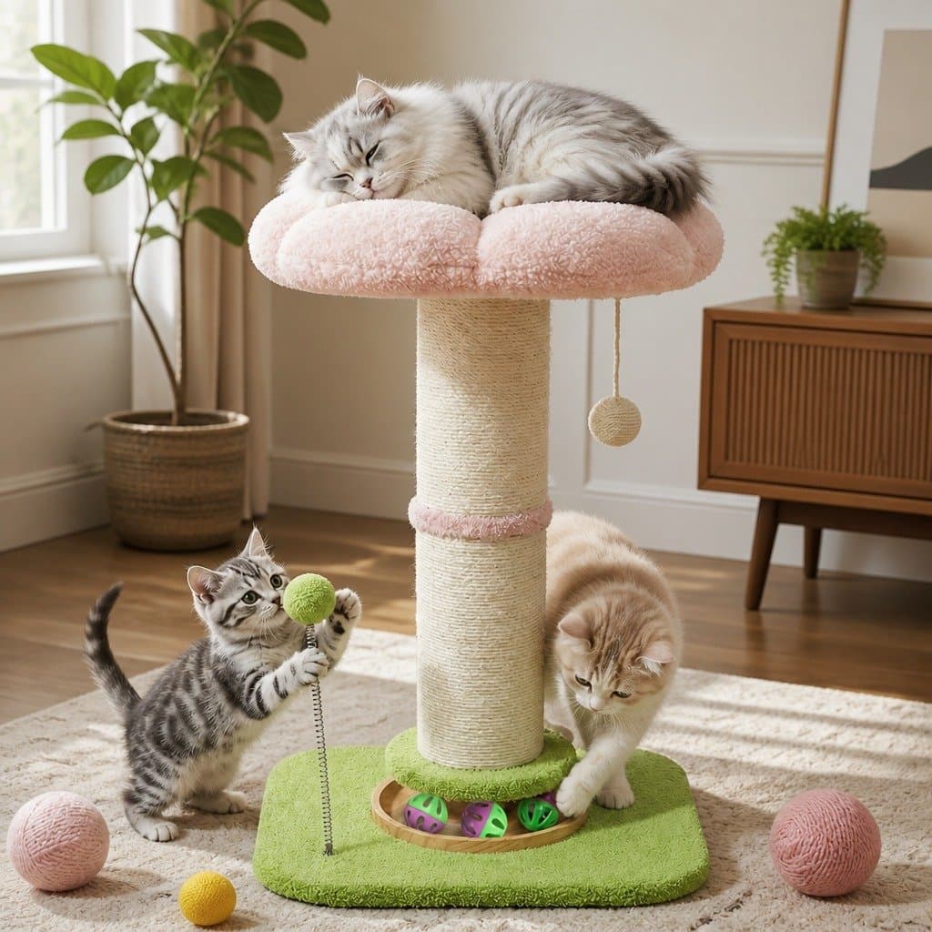 Cat Scratching Post Flower Tower 61.5cm Indoor Feline Tree Plush Platform Play