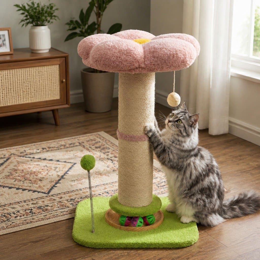 Cat Scratching Post Flower Tower 61.5cm Indoor Feline Tree Plush Platform Play