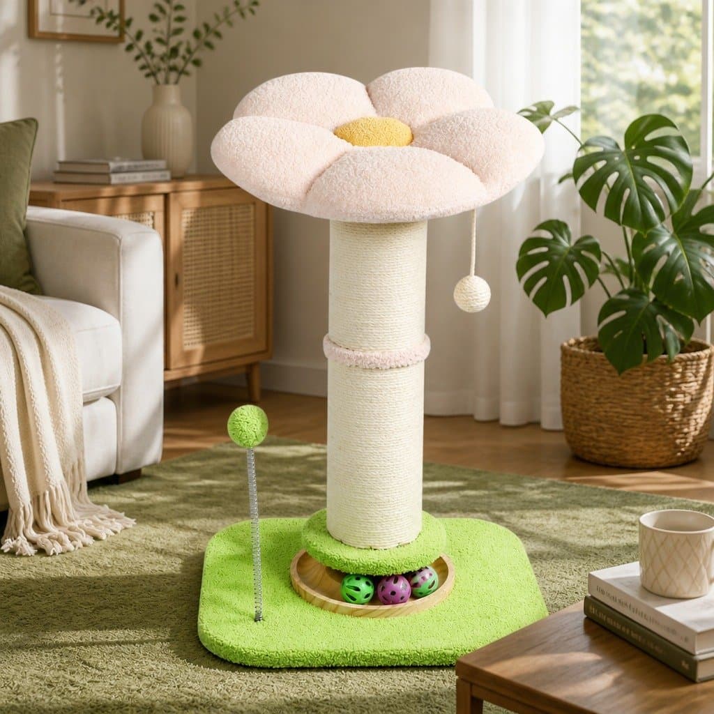 Cat Scratching Post Flower Tower 61.5cm Indoor Feline Tree Plush Platform Play