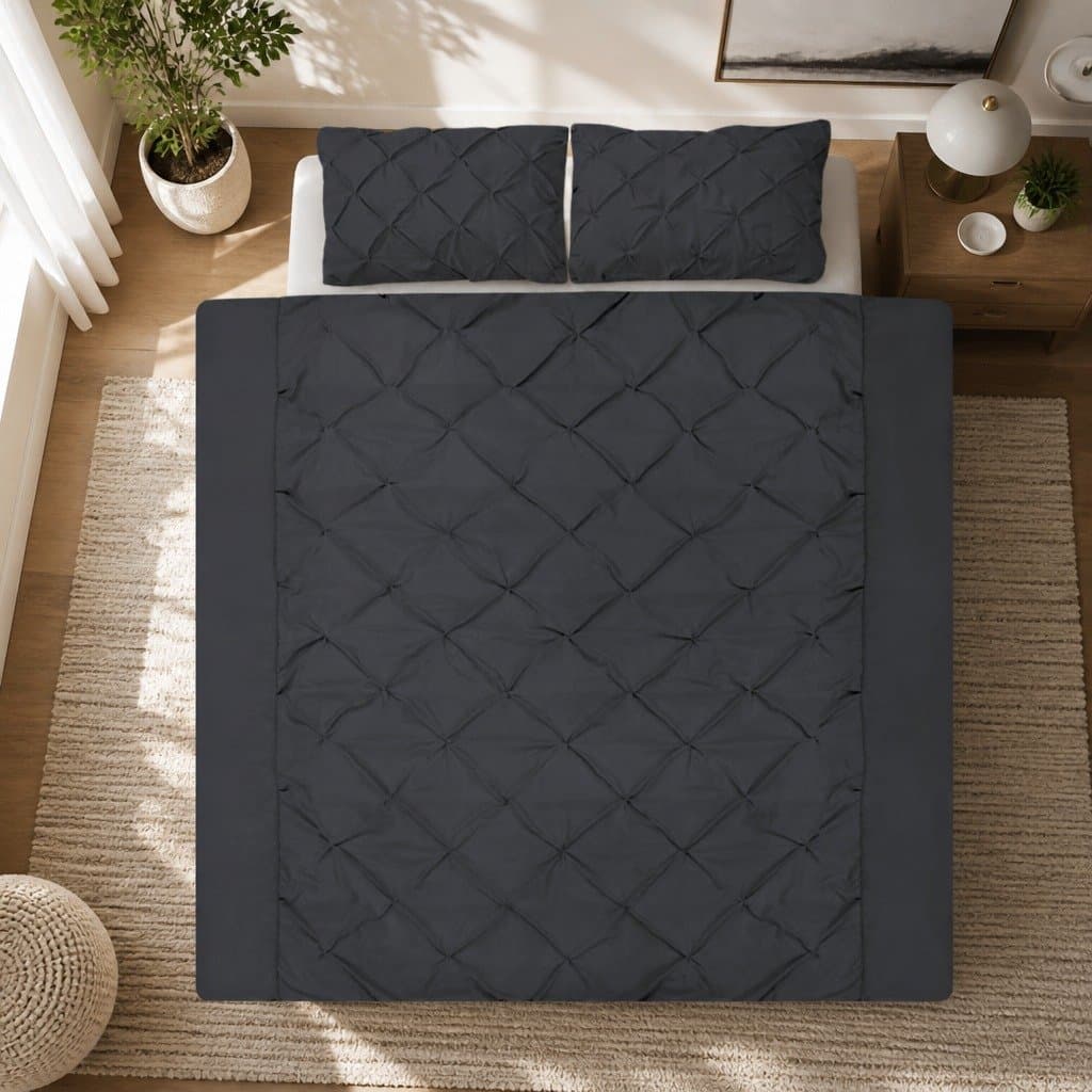 Quilt Cover Set Diamond Pintuck Design Super King Black 3 Piece Bedding