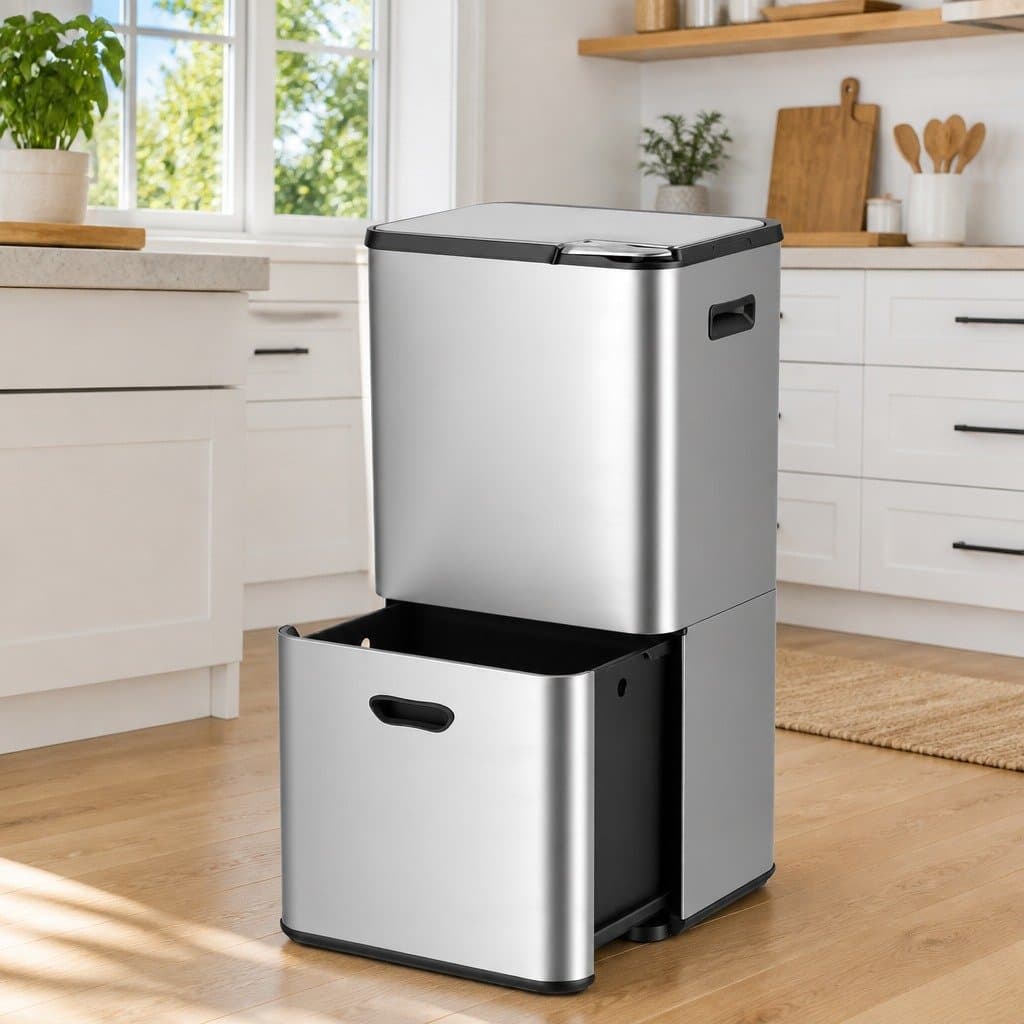 3-Compartment Stainless Steel Trash Can 63L