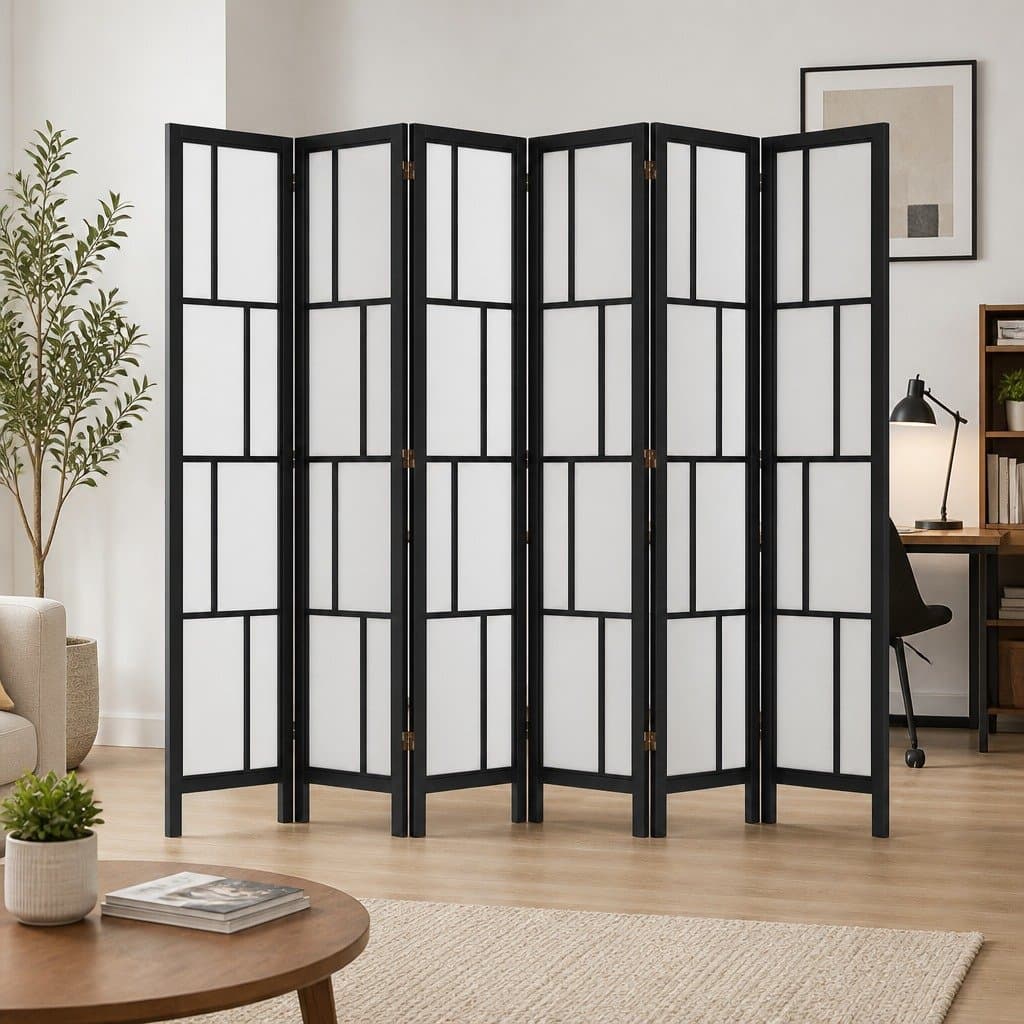 170cm 6 Panel Folding Screen with Solid Wood Frame