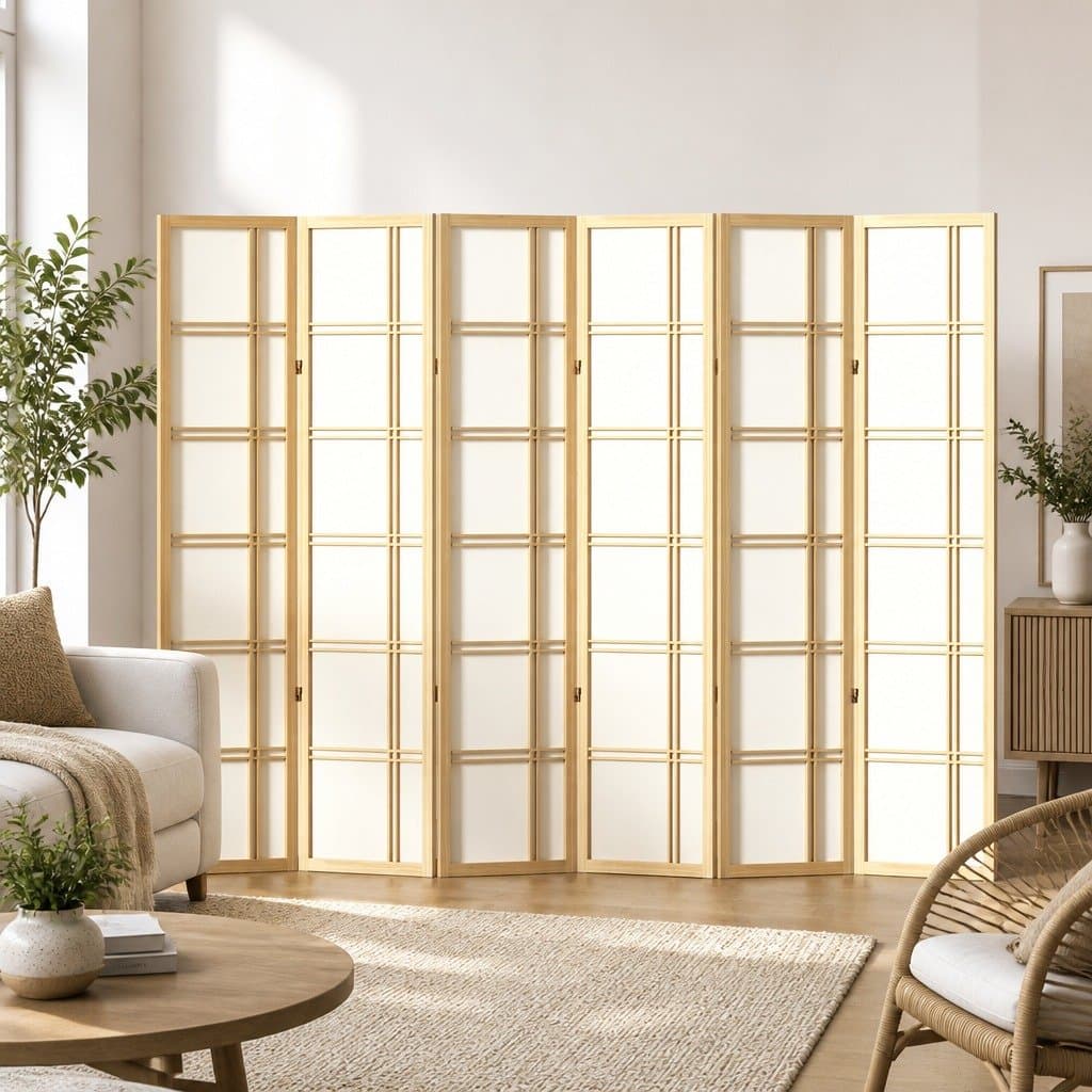 Portable 6-Panel Natural Wood Room Divider Screen