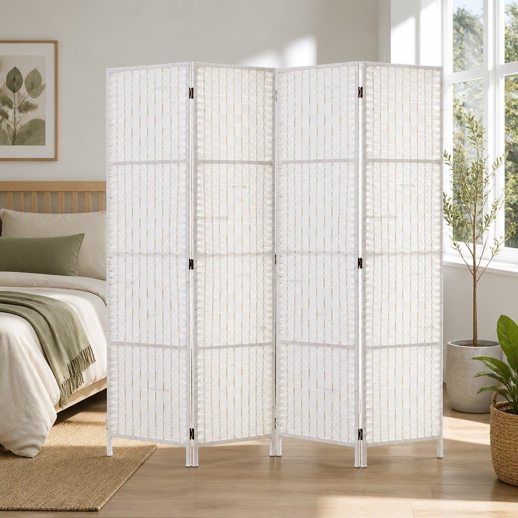 4-Panel White Room Divider 163x170cm with Woven Panels