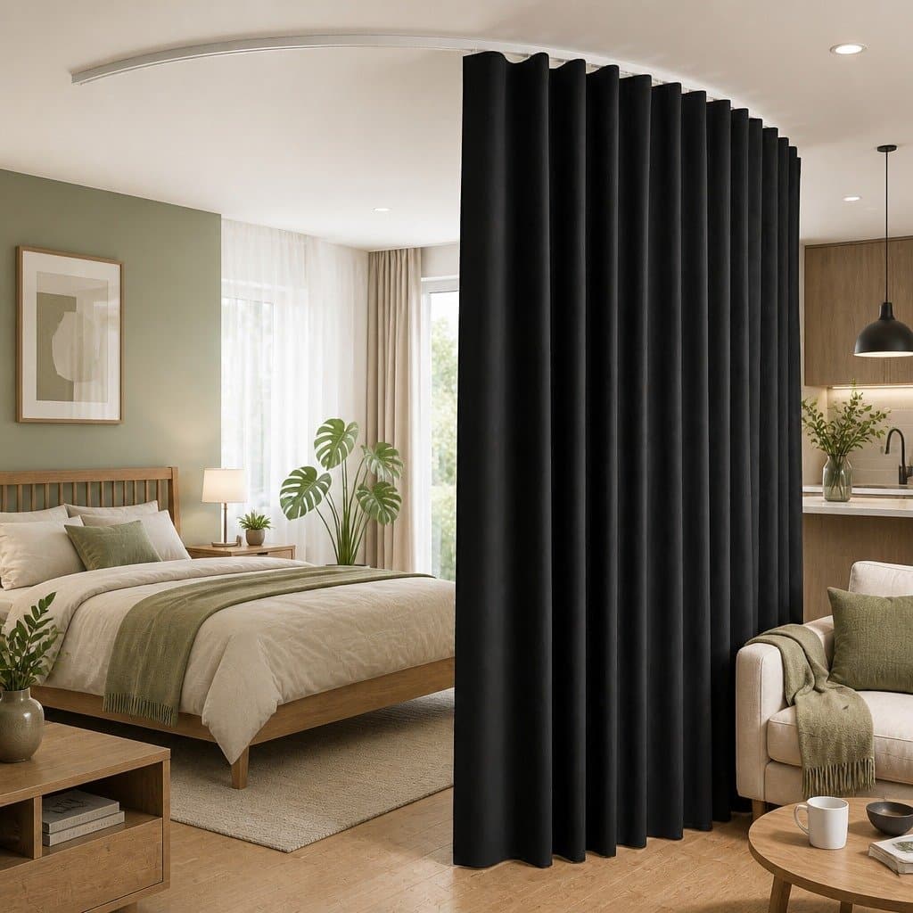 Black Ceiling-Mounted Room Divider with Bendable Track
