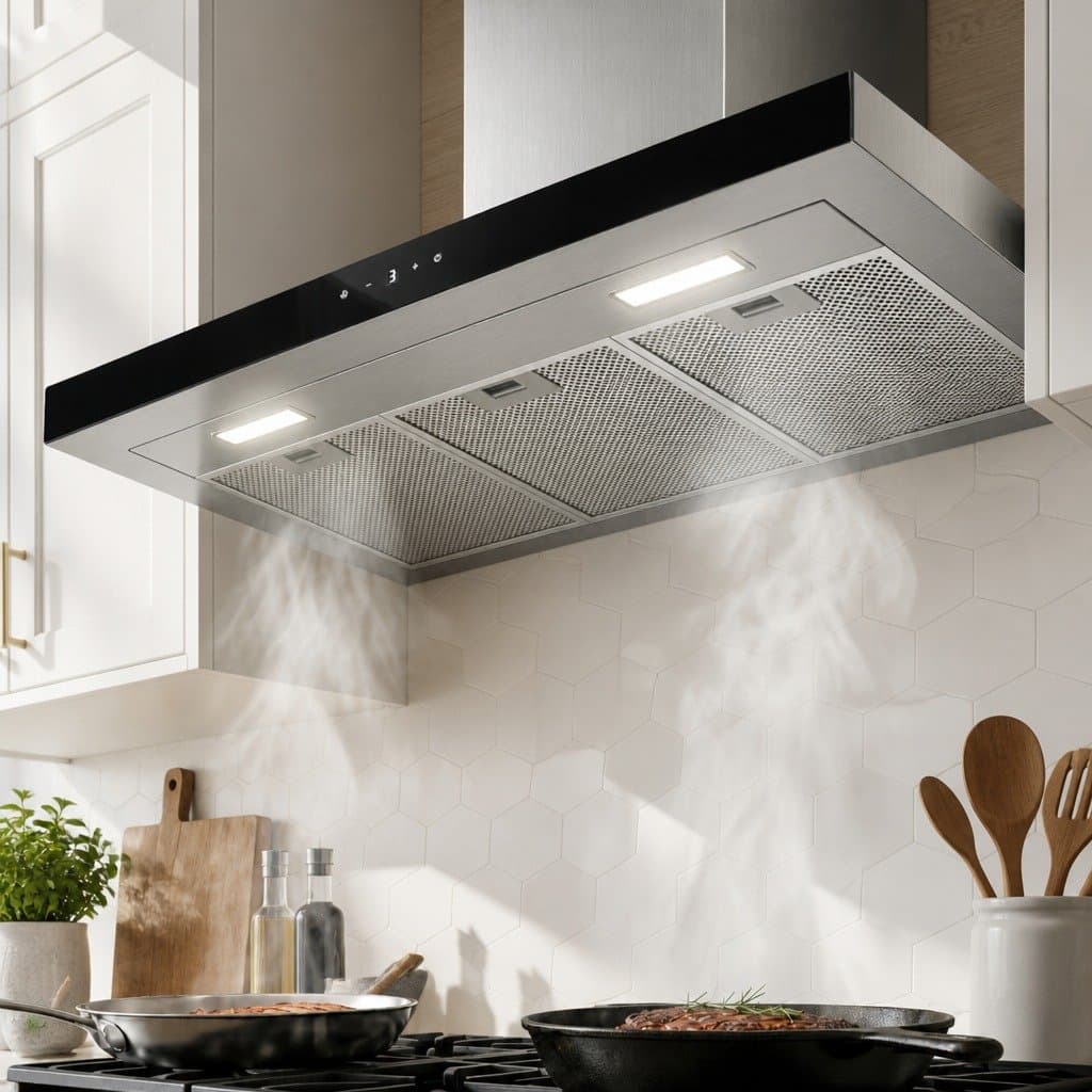 Stainless Steel Wall Mounted Range Hood 90cm with Black Glass