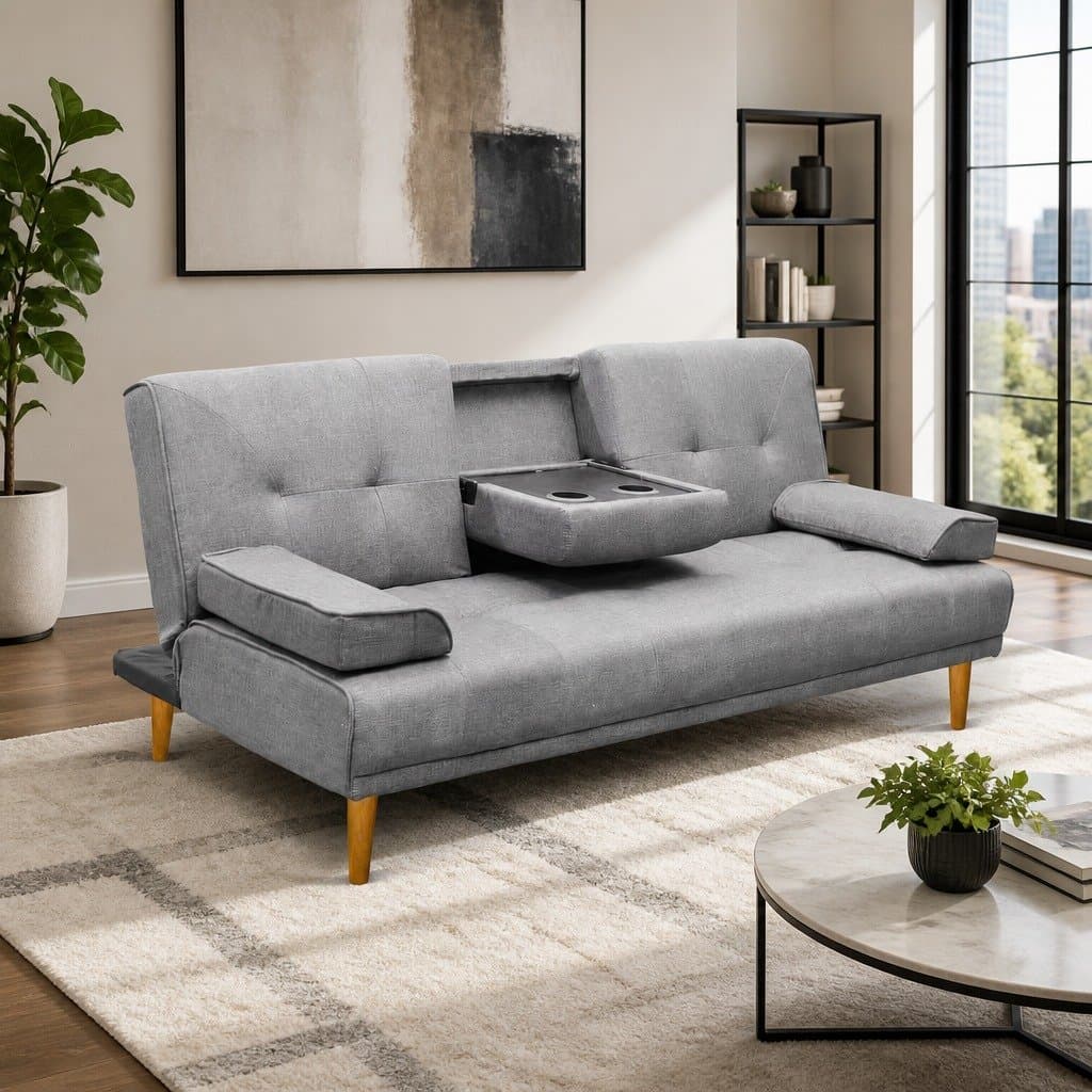Convertible 3-Seater Sofa Bed in Grey Faux Linen