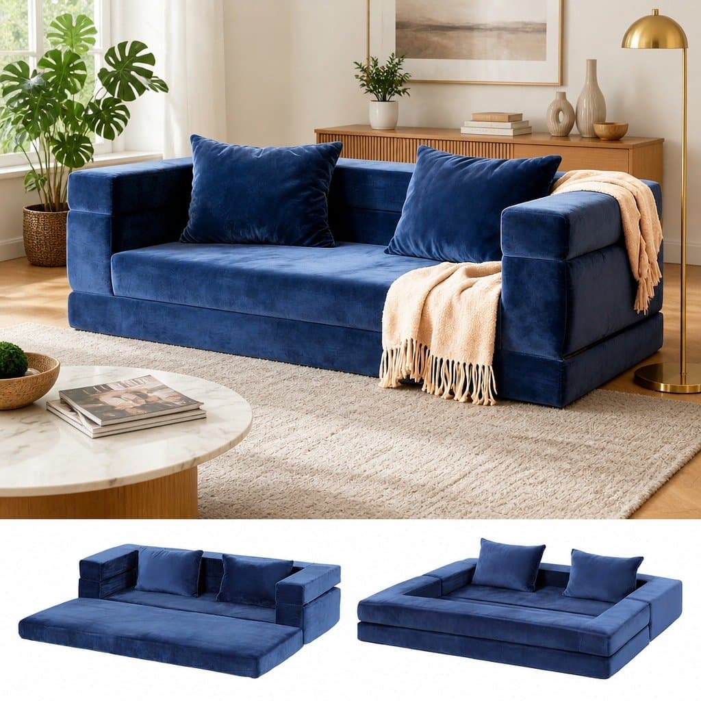 Convertible Folding Sofa Bed Pull Out Mattress Foldable Lounge Couch Chair Blue