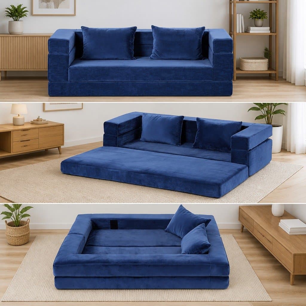 Convertible Folding Sofa Bed Pull Out Mattress Foldable Lounge Couch Chair Blue