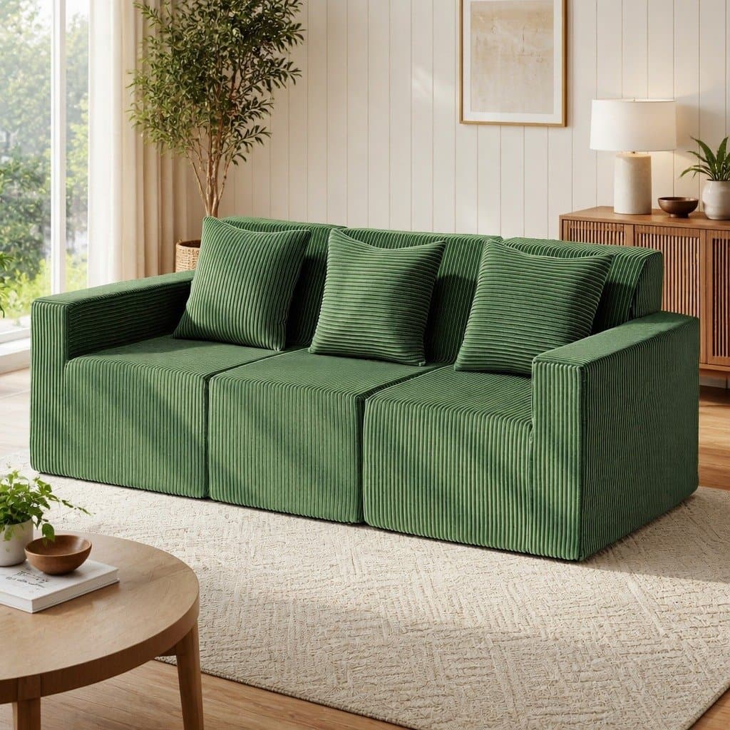 Green 3-Seater Modular Sofa Bed with Pillows
