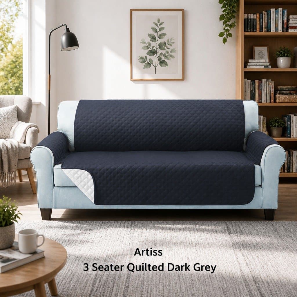 Sofa Cover 3 Seater Quilted Dark Grey Couch Protector Anti-Slip Machine Washable