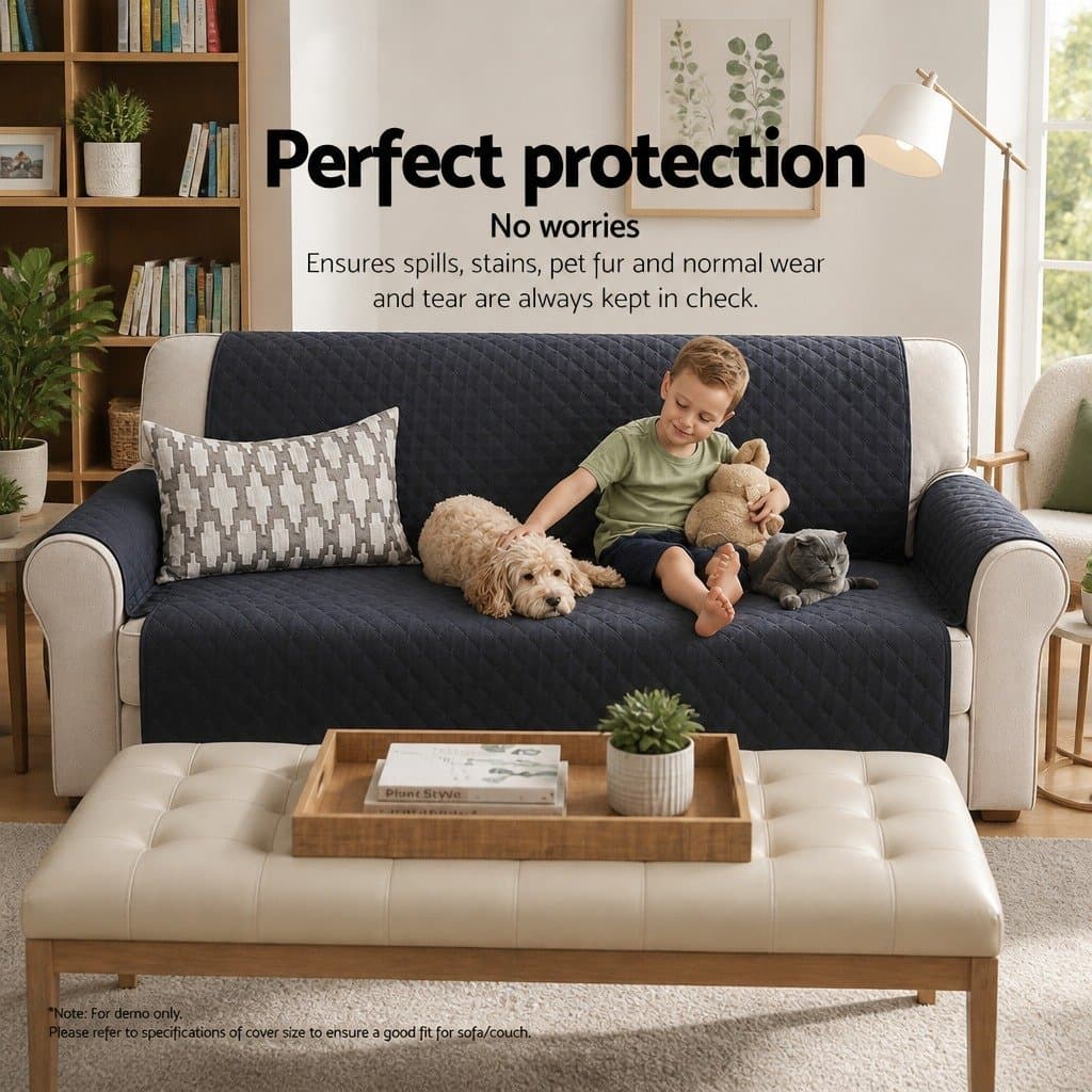 Sofa Cover 3 Seater Quilted Dark Grey Couch Protector Anti-Slip Machine Washable